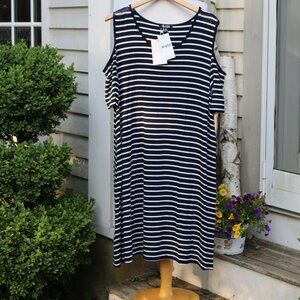 NEW Relaxx by Exist Plus Size Blue & White Stripes Cold Shoulder Dress Sz 3X